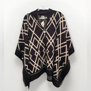 NEW Anne Klein Poncho Plaid Geo Printed Mock Neck Zip Front Sweater Women Sz M